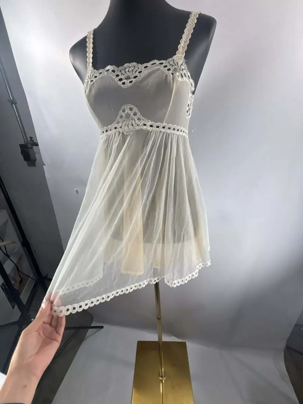 Vintage White Sheer Lace Trim Babydoll Slip Dress